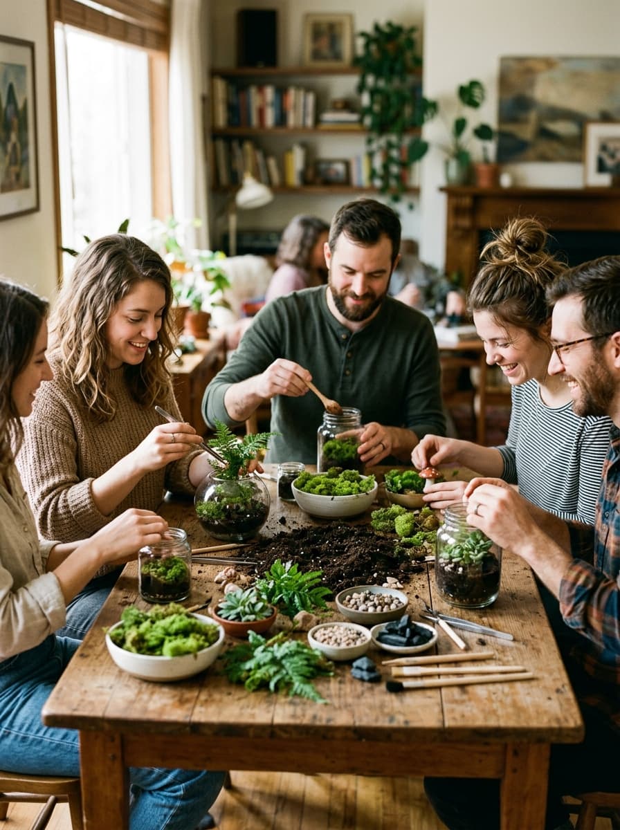 People gathered around a rustic wooden table creating miniature terrariums together in a warm, intimate setting
