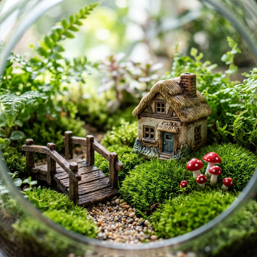 Extreme close-up macro photography of tiny whimsical terrarium miniatures on vibrant green cushion moss