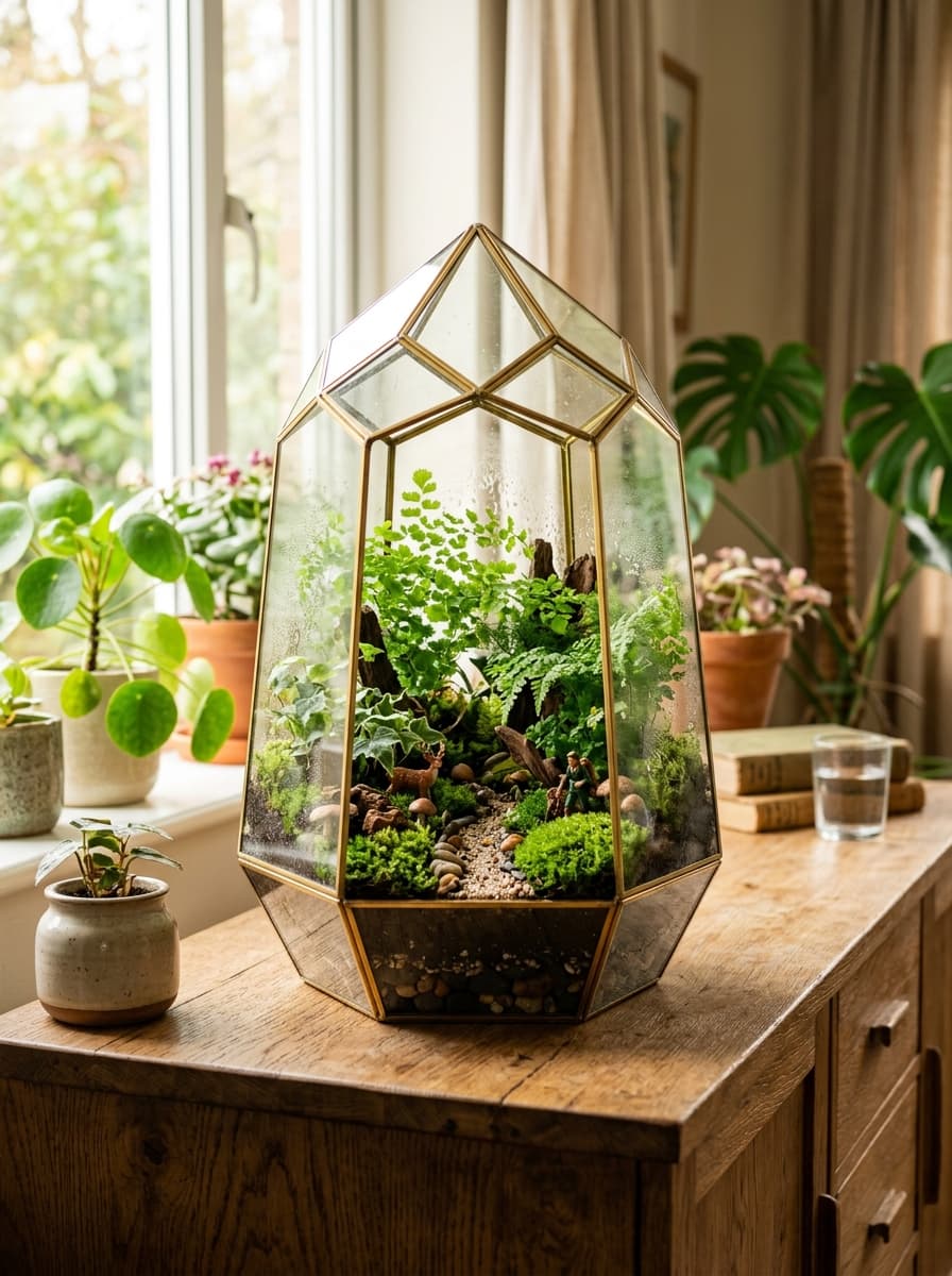 A stunning finished ready-made miniature forest terrarium housed inside a tall geometric glass wardian case
